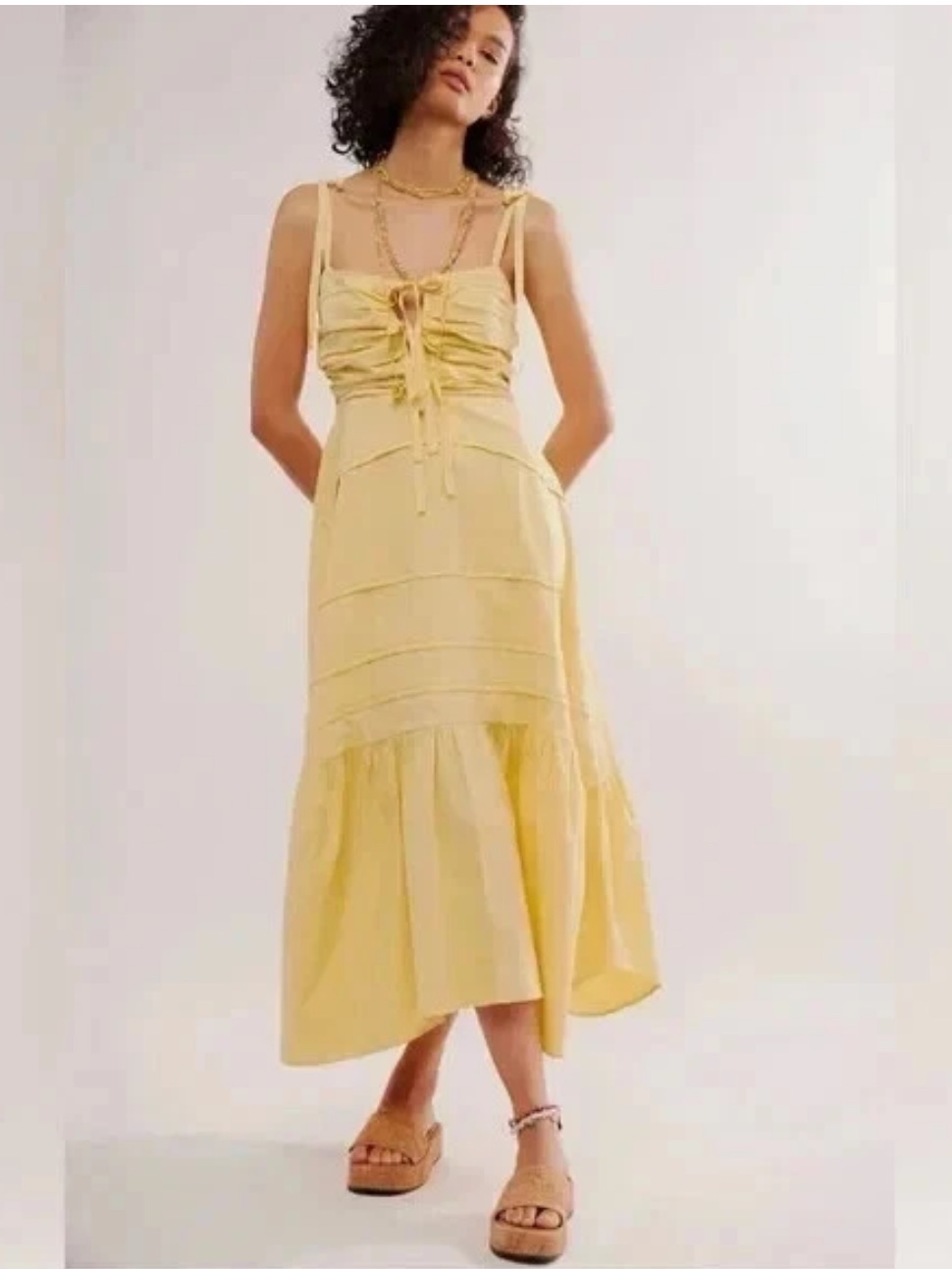 Free People Palma Midi Dress Yellow Tansy Ruched Tie Front Size S